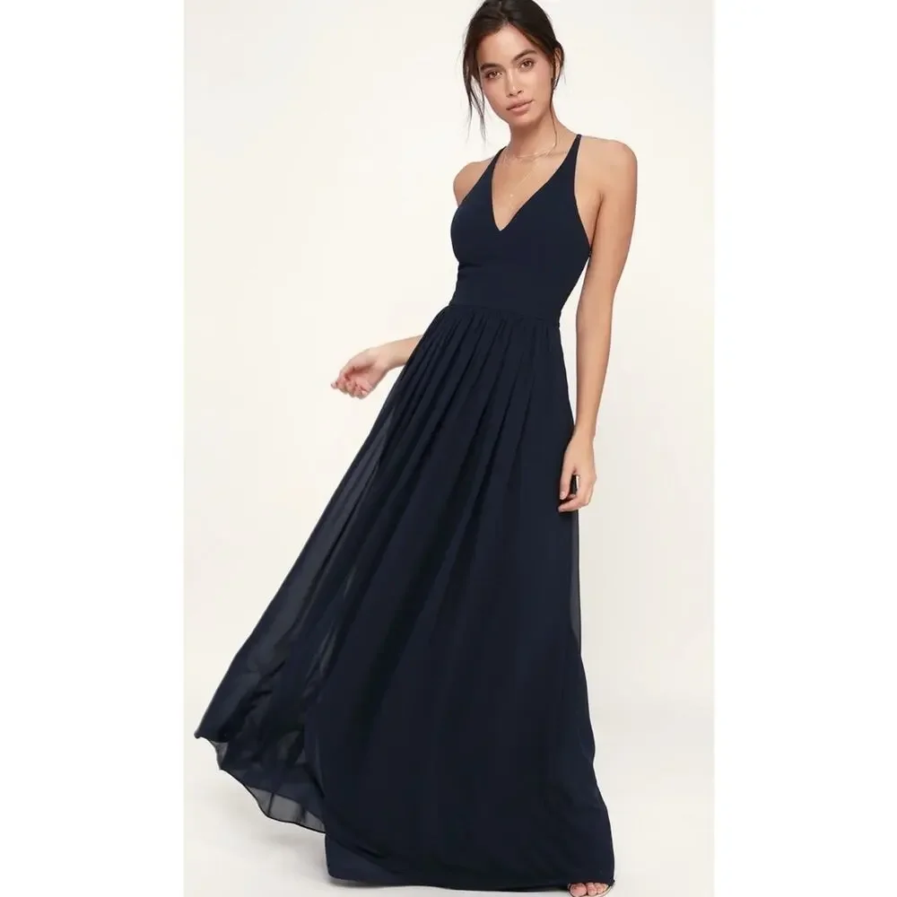 Lulu’s Dress Maxi Lovespell Lace Back Navy Blue Size Large Bridesmaid Formal NWT